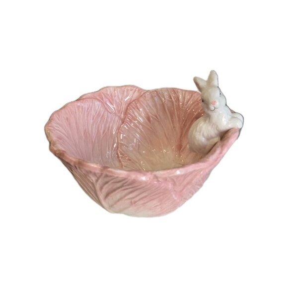 New Pink Easter Bunny Candy Bowl Ceramic Easter Rabbit Candy Dish Cabbage Shape - Picture 3 of 3